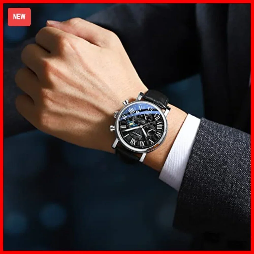 Men's Multifunctional Military Watch Leather Strap Chronograph Waterproof